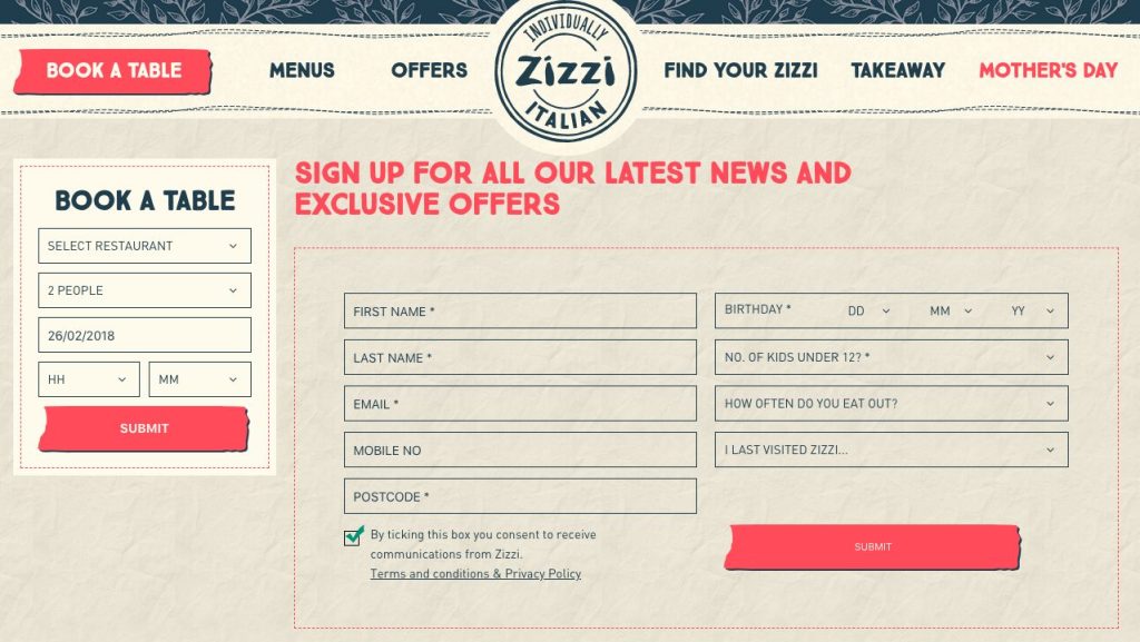Zizzi's Website