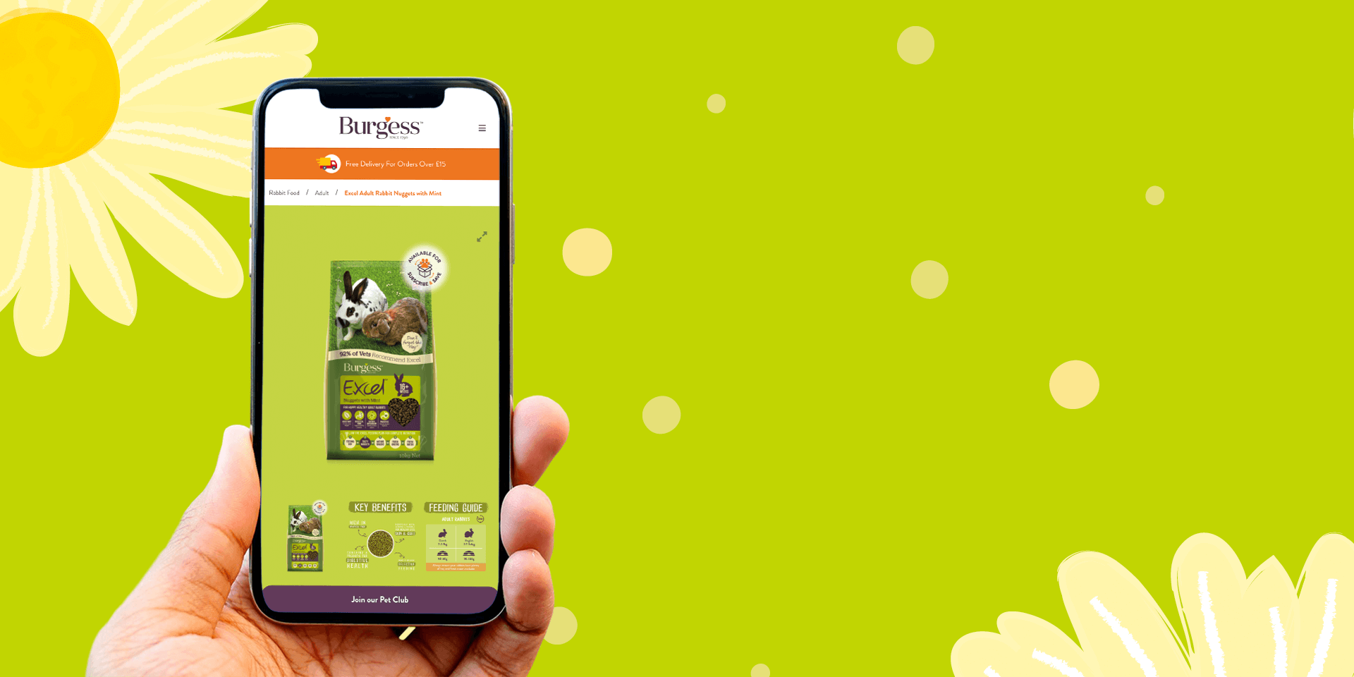 Person holding a smartphone with the screen displaying the Burgess website. Green background with yellow flowers in the top left hand corner and bottom right hand corner