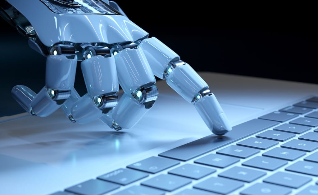 Robot hand pressing a keyboard on a laptop in dark blue background