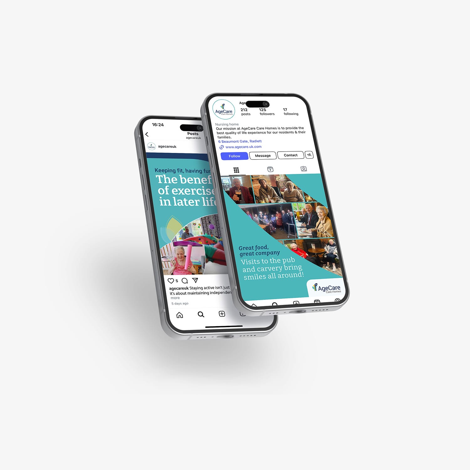 AgeCare organic social media posts mocked up on their instagram page on an iPhone.