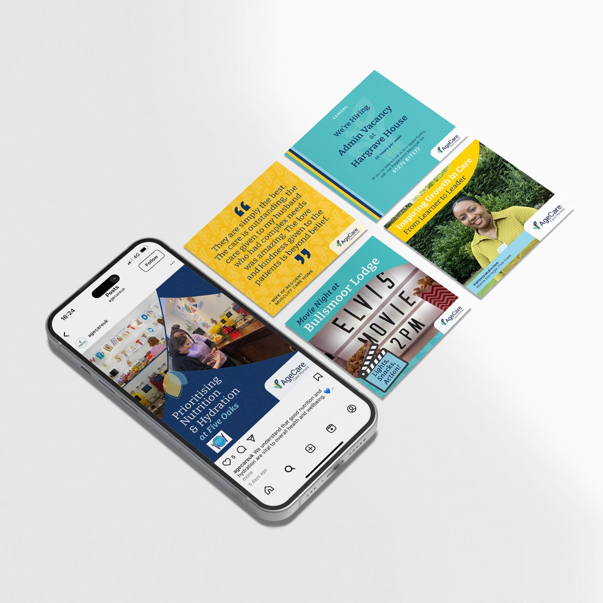 AgeCare organic social media posts mocked up on iPhone.