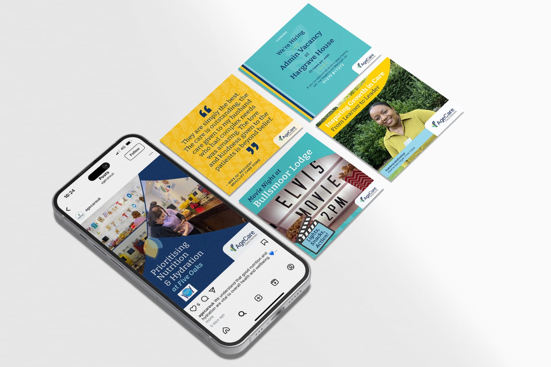AgeCare organic social media posts mocked up on iPhone.