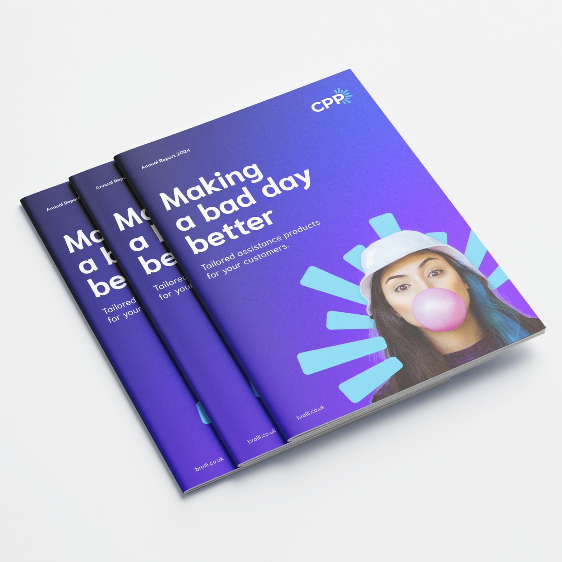 Printed marketing brochures designed for CPP, showcasing brand colours, typography, and visual layout.