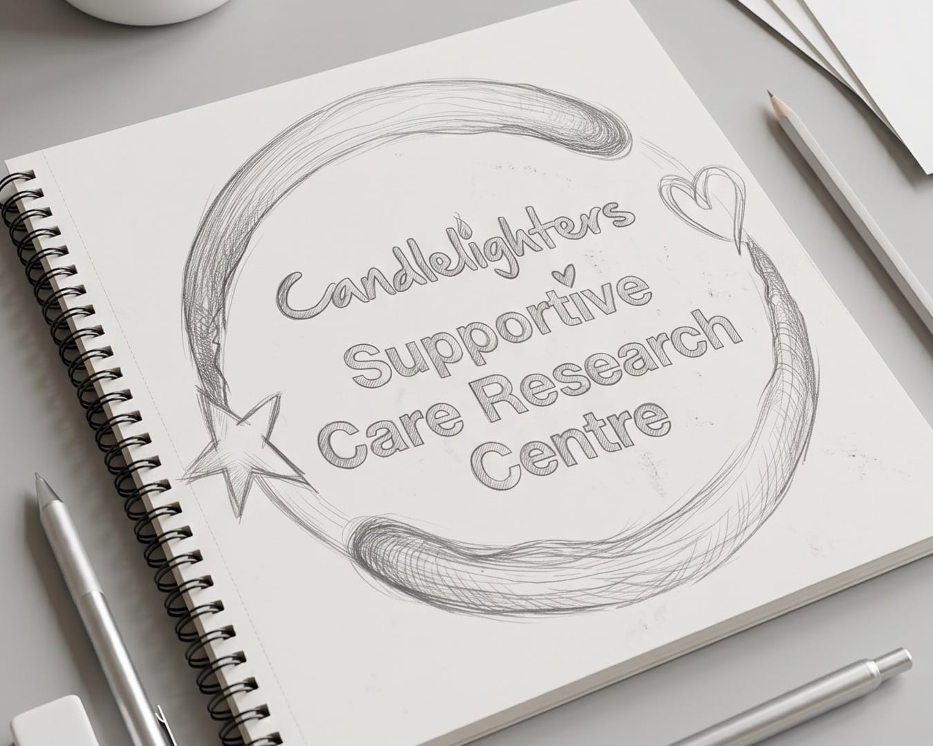 Sketch of the Candlelighters Supportive Care Research Centre logo on a notepad.